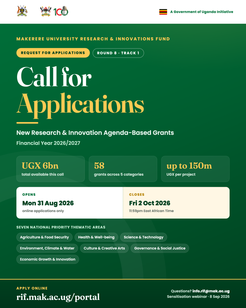MakRIF Round 8 (RIF-8) Call for Applications — FY 2026/27. Applications open 31 August, close 2 October 2026.