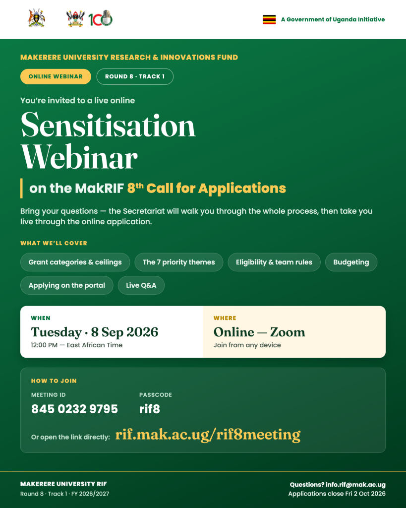 MakRIF Round 8 Sensitisation Webinar flyer — Tuesday 8 September 2026, 12pm EAT, online via Zoom