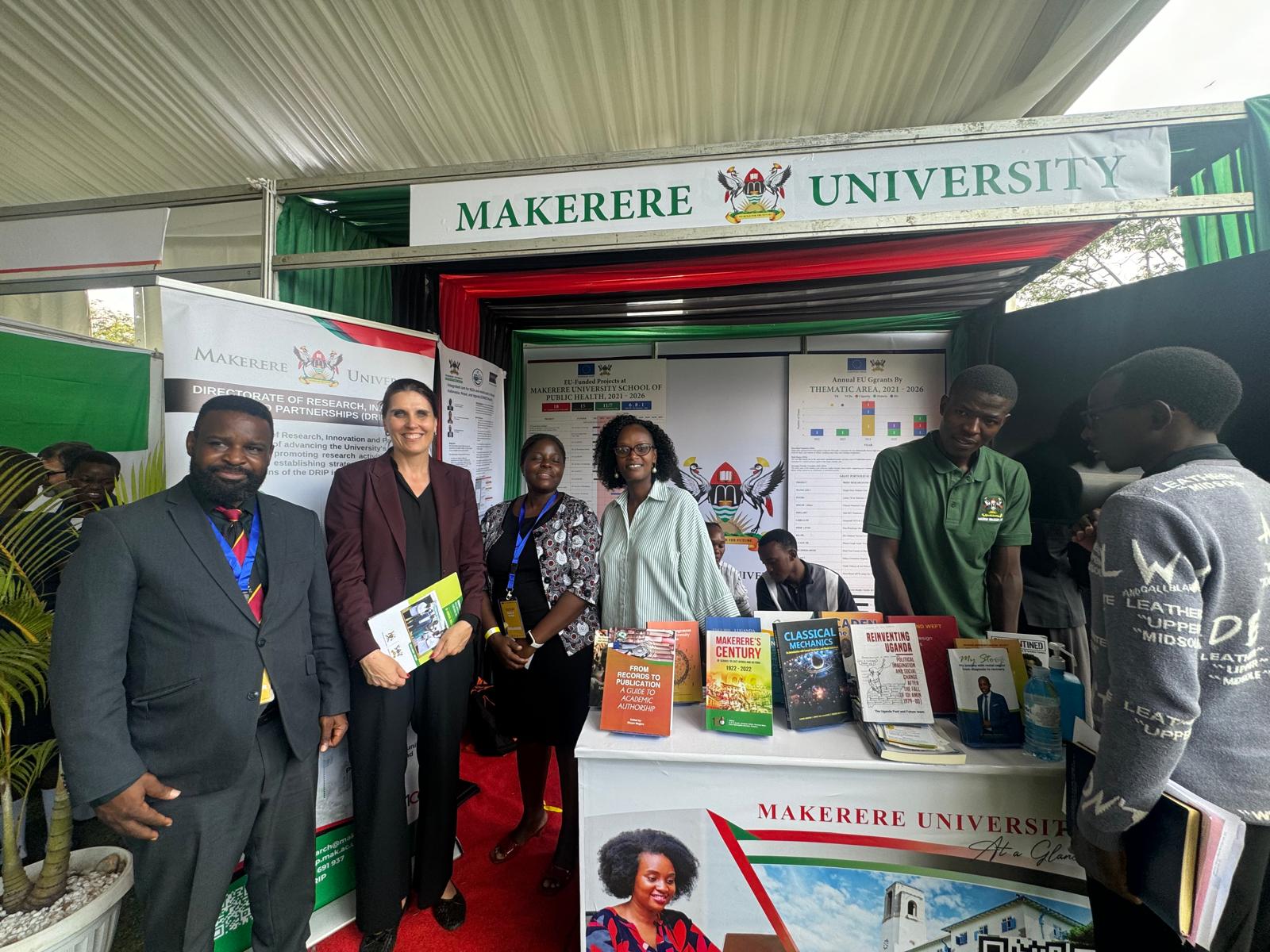 The Makerere University team with H.E. Anna-Maria Olsson at the Mak-RIF stand during the EU–Uganda Research and Study Fair.